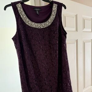 R&M Richards Plum Lace Sleeveless Dress with Beaded Pearl Collar